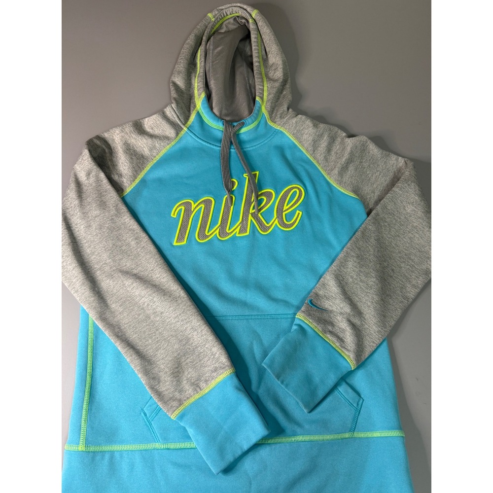 Nike Therma-FIT Hoodie Blue Gray Neon Script Logo Sweatshirt Womens Medium